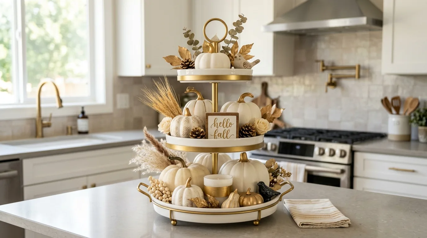 Thanksgiving tray with gold accents and white pumpkins